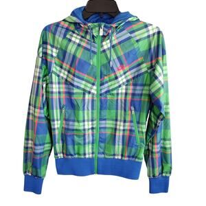 Nike Colorful Plaid Lightweight Full Zip Hooded Windbreaker Jacket Womens Small